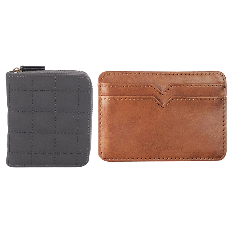 2PCS PU Leather Female Plaid Purses Nubuck Card Holder Wallet Gray with Creative PU Leather Men's Magic Wallet Brown