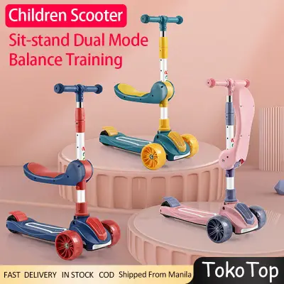 Kids 3 Wheel Kick Scooter Adjustable Height Balance Coordination Training Car Lightweight Portable Flashing Light Wheel Lightweight Portable Foot Scooters Toys Gifts for Children
