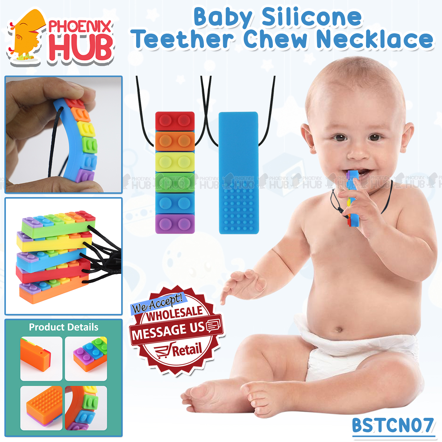 Phoenix Hub BSTCN07 Rainbow Brick Chew Necklace Baby Silicone Teether