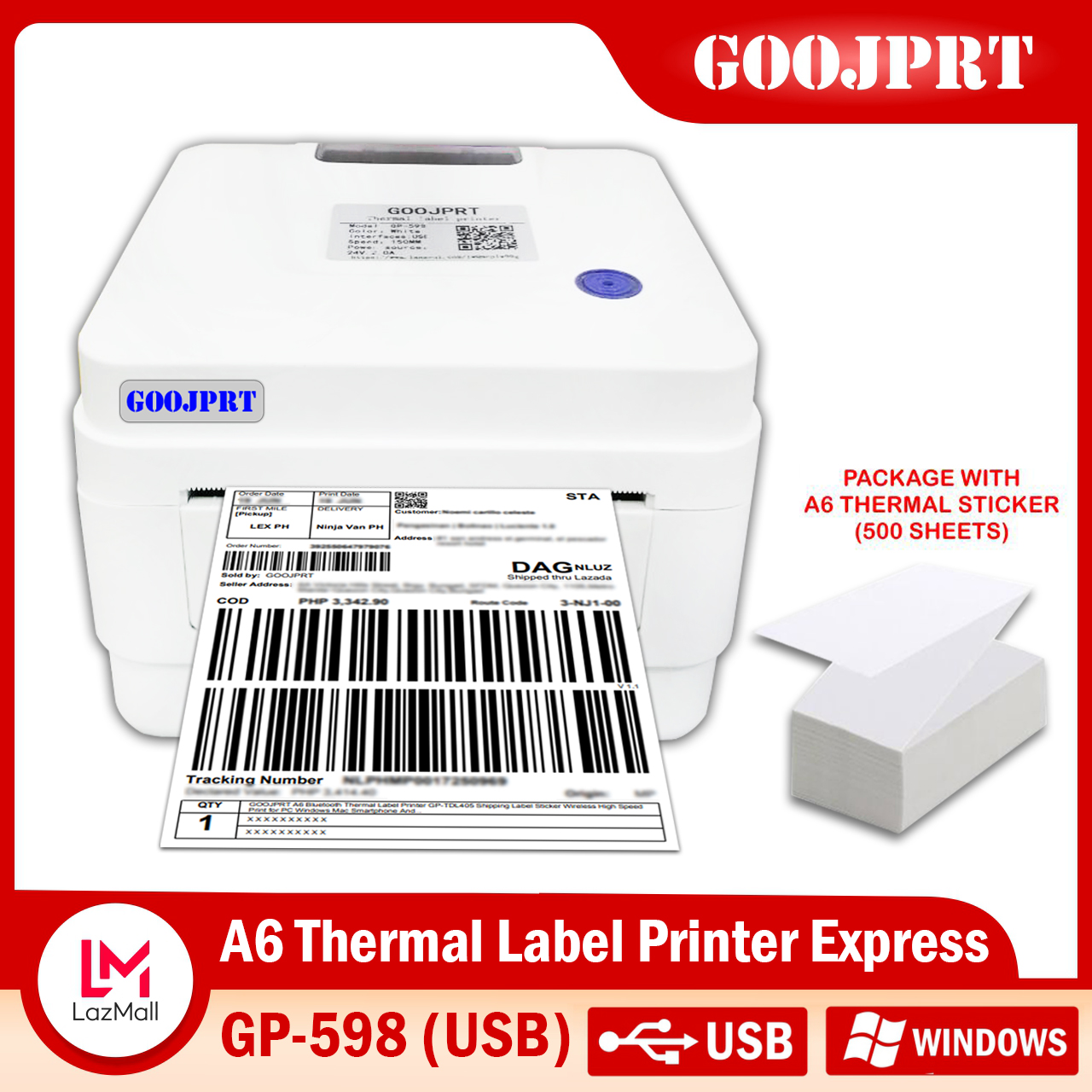 GOOJPRT A6 USB Thermal Label Printer GP598 Shipping Label Sticker High Speed Print for PC