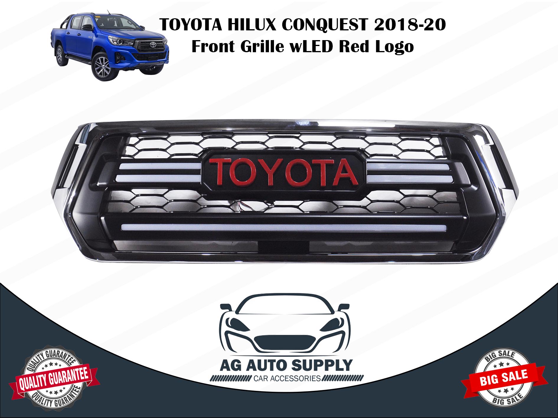 Front Grille Car Grill Guard All Black With LED For TOYOTA HILUX