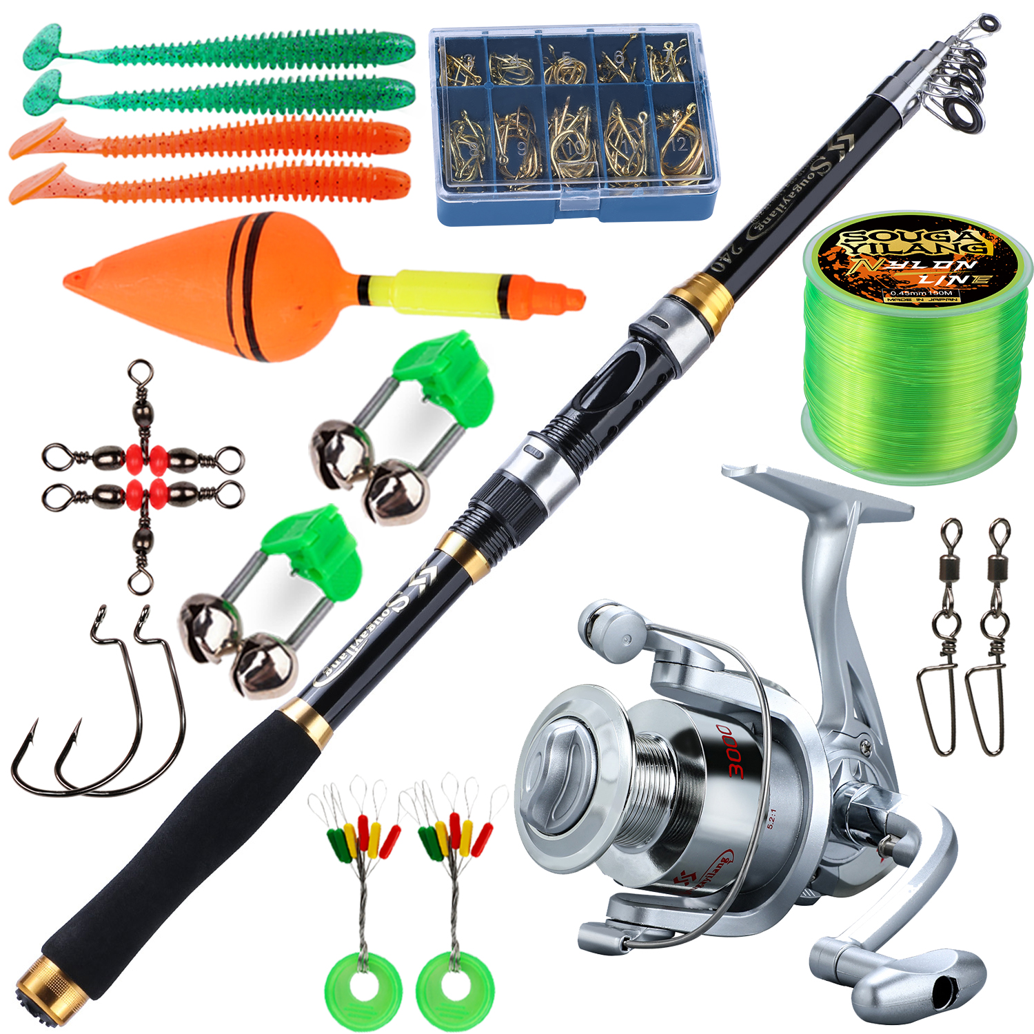  Fishing Rod Combos Spinning Fishing Reel and Rod Set 1.8m 2.1M  Bass Fishing Rod and Spinning Fishing Reels with Fishing Line Full Kit  Fishing Gear Set (Size : 1.8M-1000 Reel