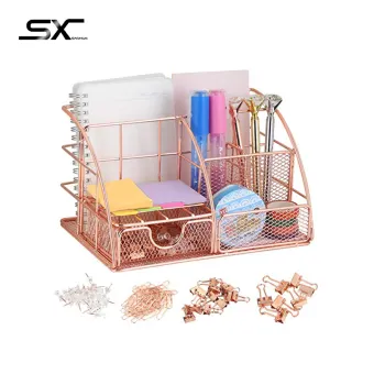 Rose Gold Desk Organizer With Drawer File Tray And 4 Upright