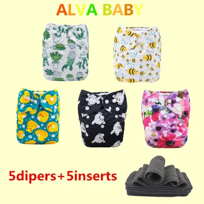 ALVA Baby 5PCS Cloth Diapers With 5PCS 4layers Bamboo Charcoal Inserts One Size Reusable Washable Pocket 3.0 Nappies fit 3-15kg baby