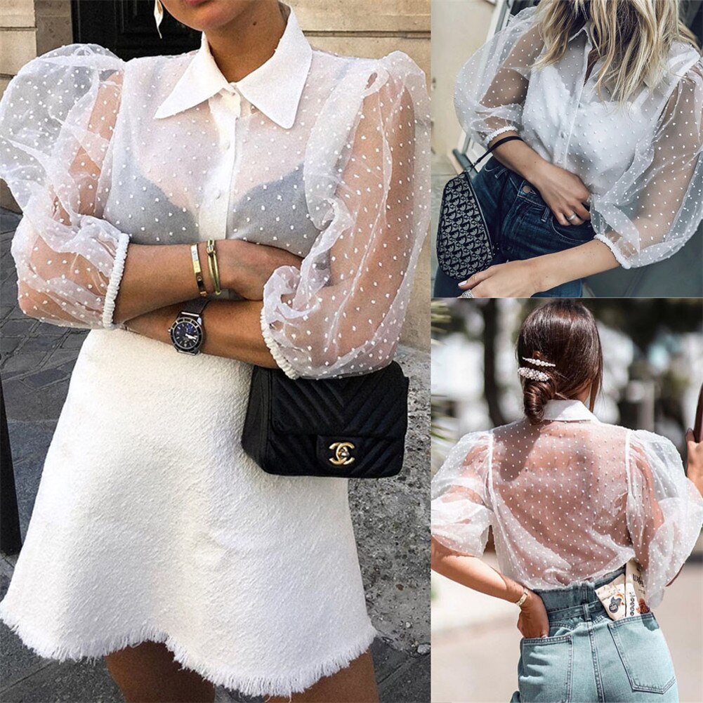 Women Mesh Sheer Blouse See-through Long Sleeve Top Shirt Blouse Fashion  Pearl Button Transparent White