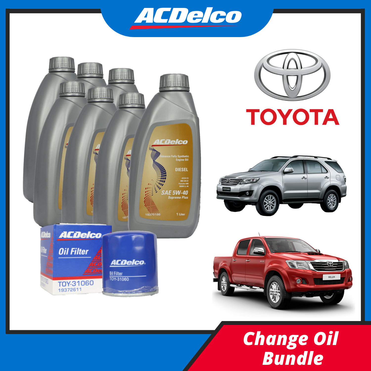 ACDelco Change Oil Bundle for Toyota Fortuner, Innova, Hilux, Hiace (2.5/3.0L D4D) 20052014