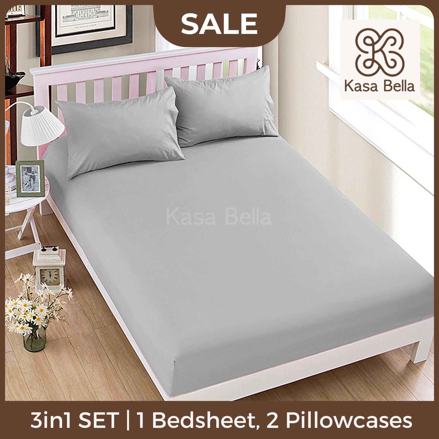 Plain Fitted Bed Sheets & Pillow Cases Cover Single Double King Size Sheet 