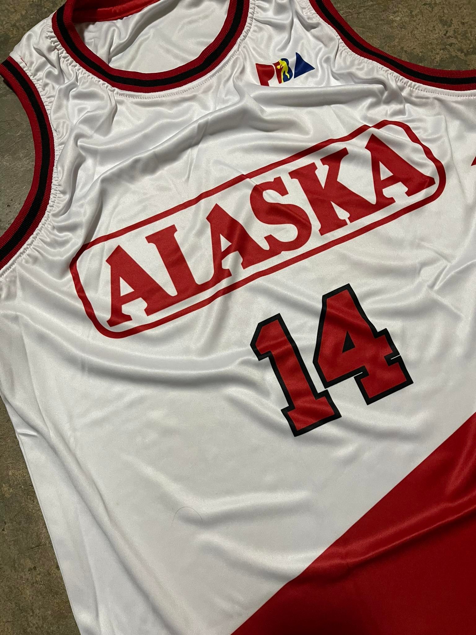 LIMITED Edition! JOHNNY ABARRIENTOS #14 LETTER CUT ALASKA PBA RETRO BUBBLE  Jersey #TheFLYING A #MvP