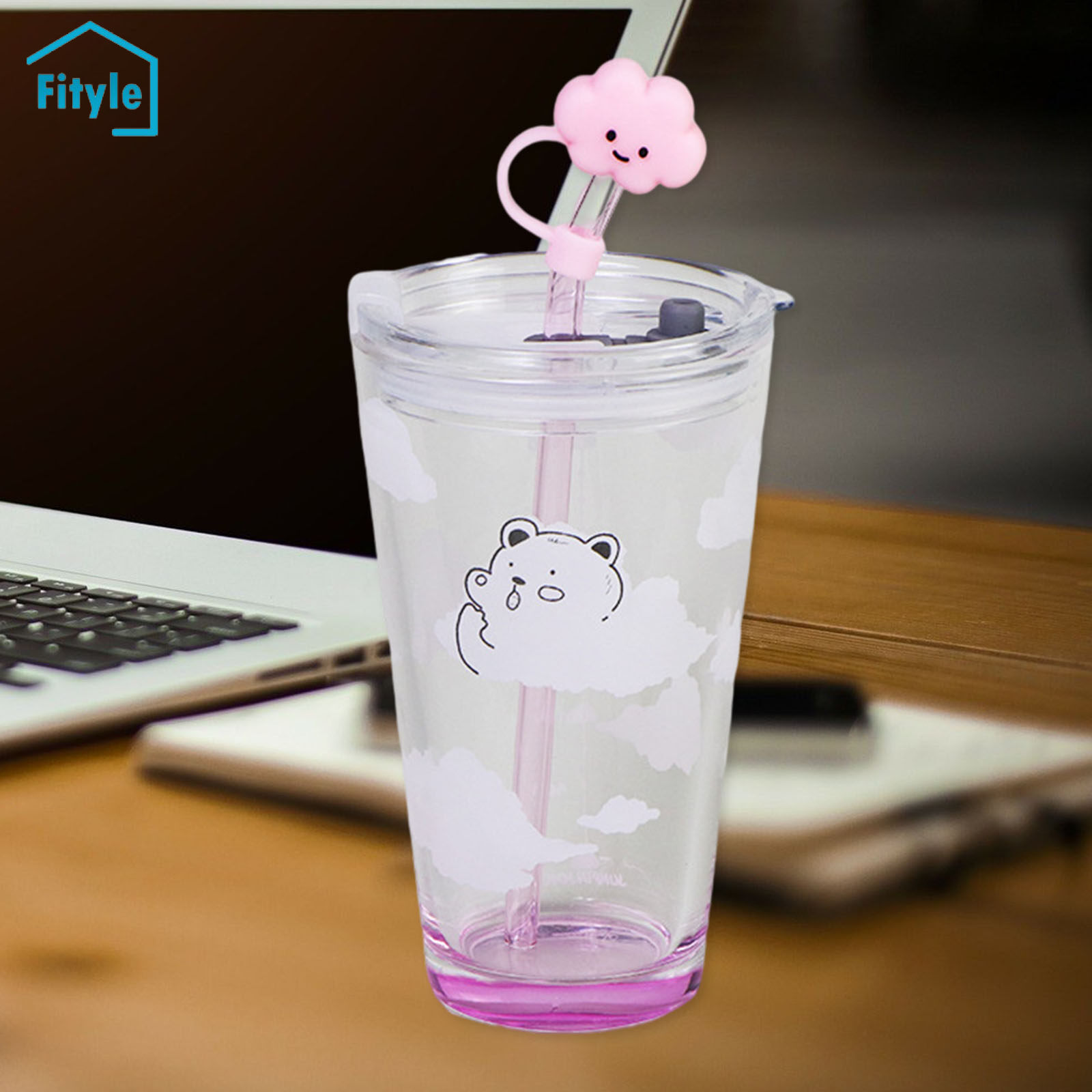 1pc Glass Water Bottle, Modern Cartoon Bear Pattern Drinking Bottle With  Straw For Home And Office