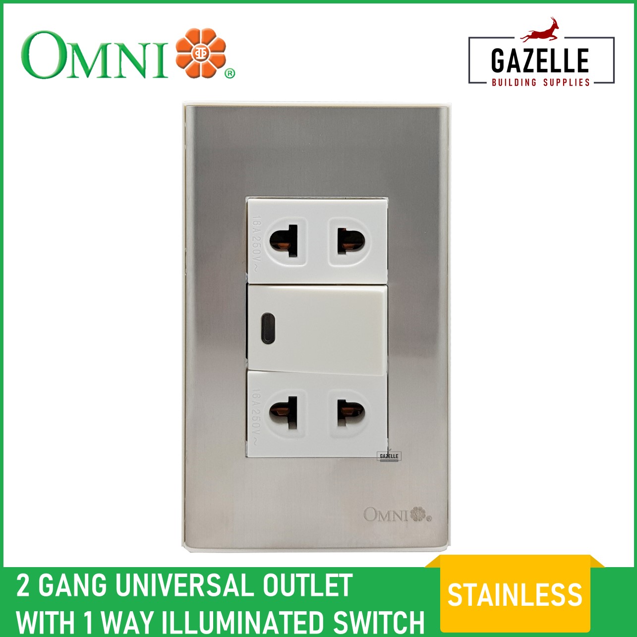 Omni Wide Series 2 Gang Universal Outlet with Illuminated Switch