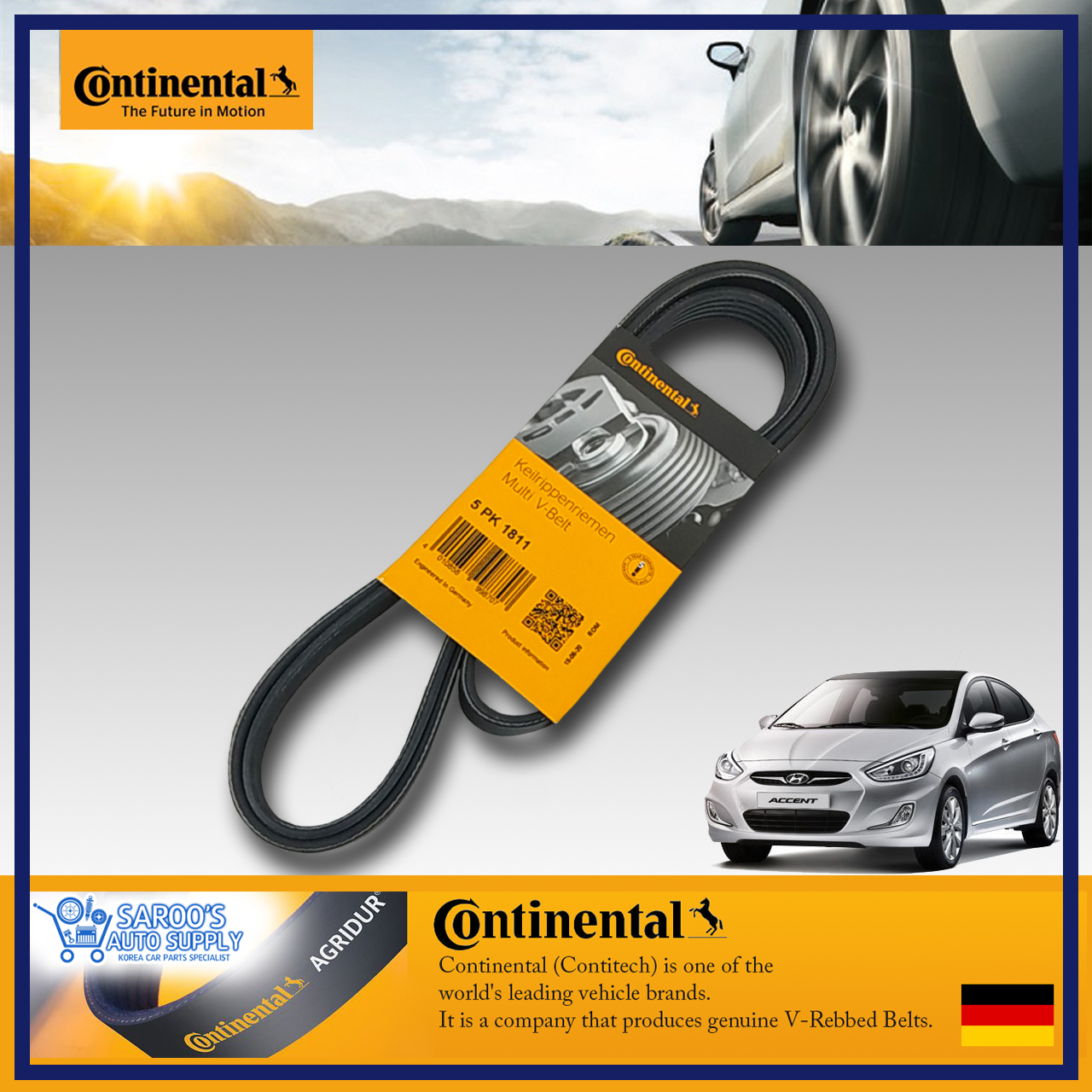 [U2]Diesel CRDI [Continental] Drive Belt / VBelt / Fan Belt For Hyundai Accent , 20112018
