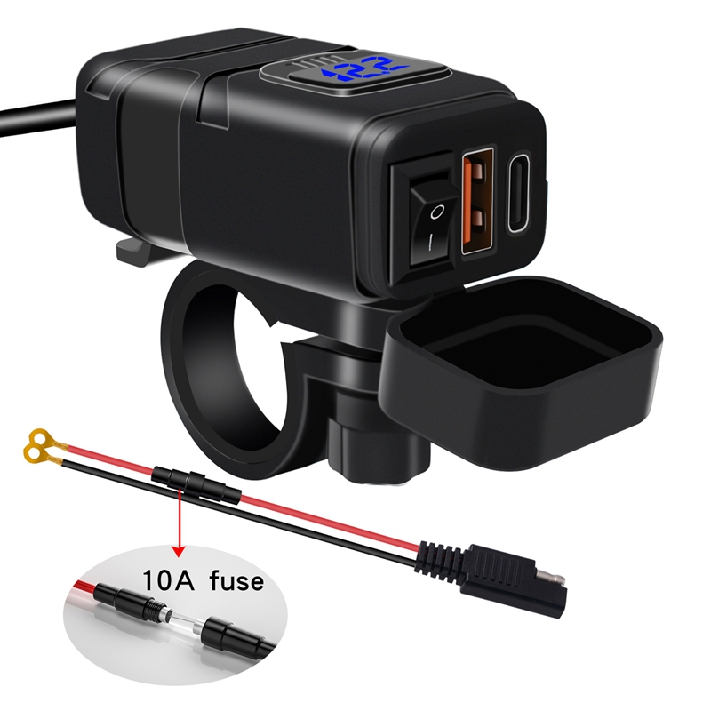 Powstation QC3.0 Motorcycle USB+Type-C Charger Waterproof Cell Quick Charger Autocycle USB Socket with Voltmeter