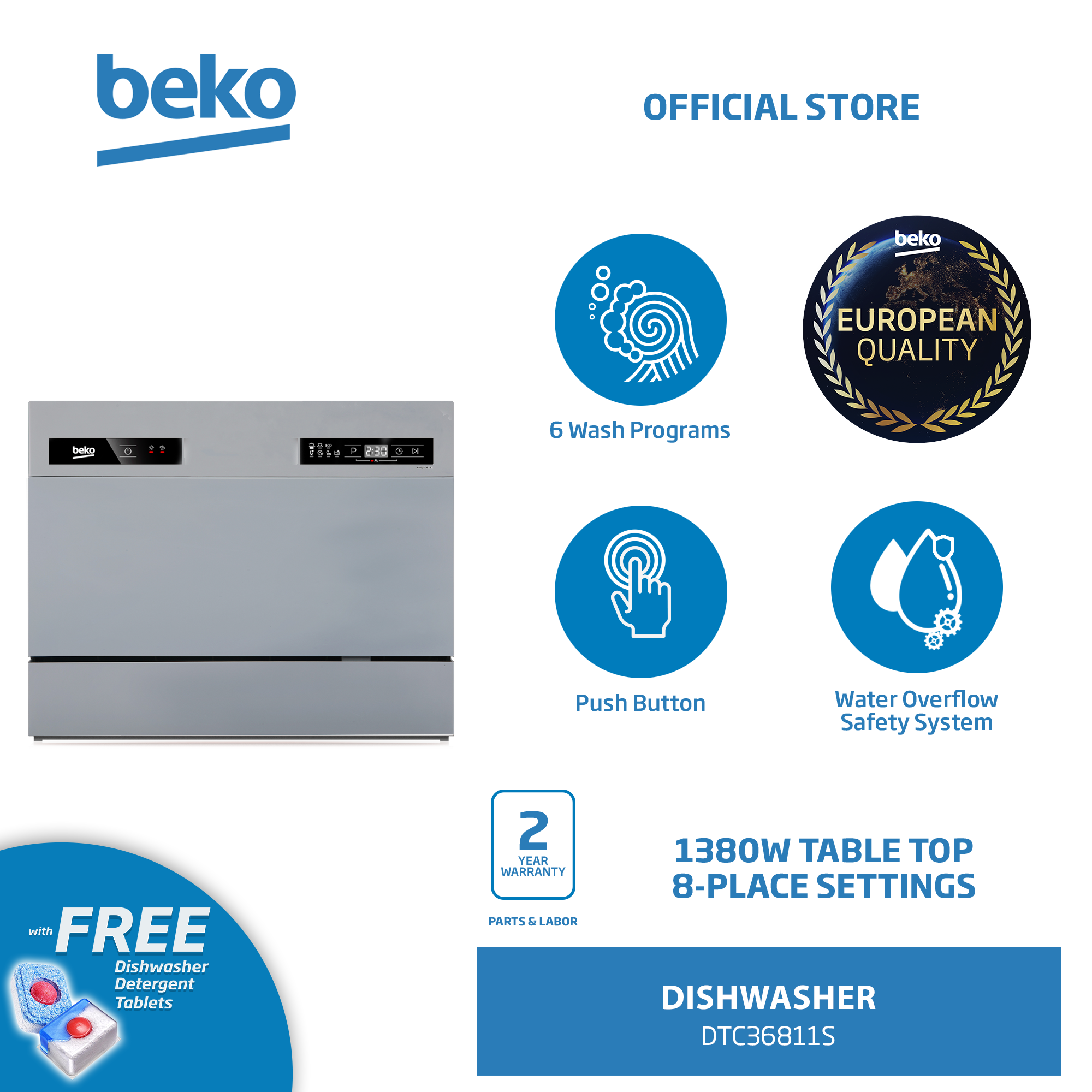 Beko Tabletop Dishwasher 6 Dishwashing Programs (Silver Finish