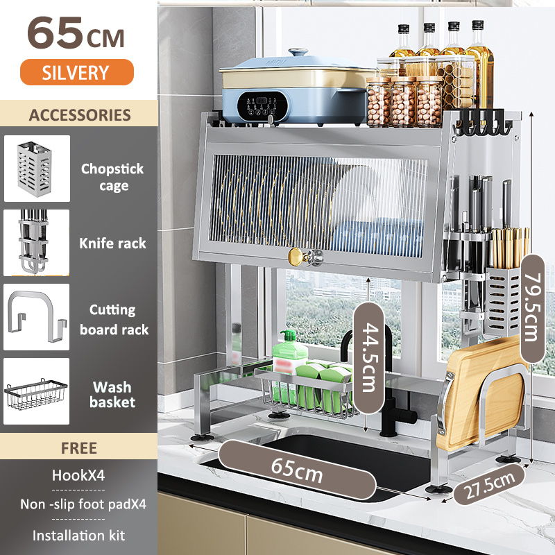 GSlife Stainless Steel 304 Dish Rack Organizer With Cover Kitchen ...