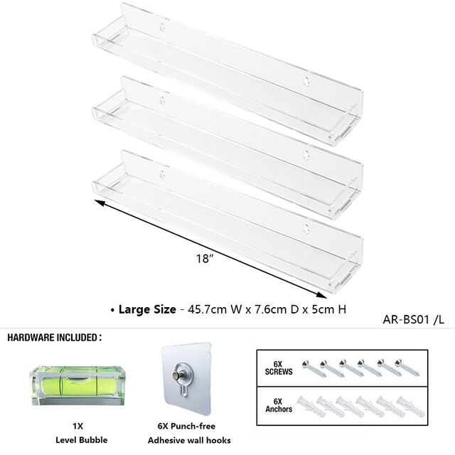 ANON Acrylic Wall Shelf Kids Bookshelf 15 Inch, 3 Pack Floating Wall