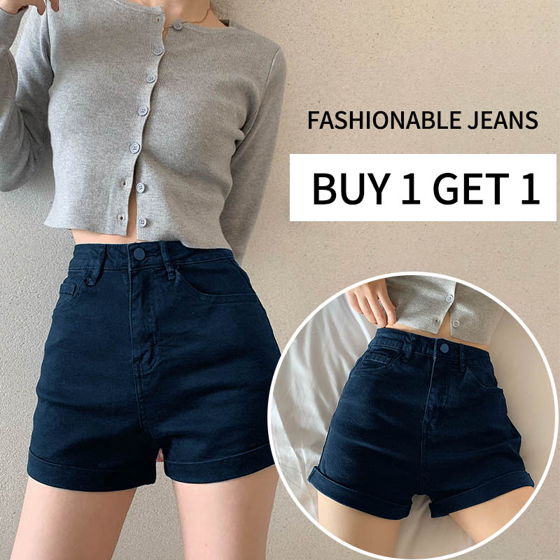 Buy 1 Get 1】New High Waist Denim Shorts Women Summer Wear Elastic Large  Casual Straight Hot Pants | Lazada Ph
