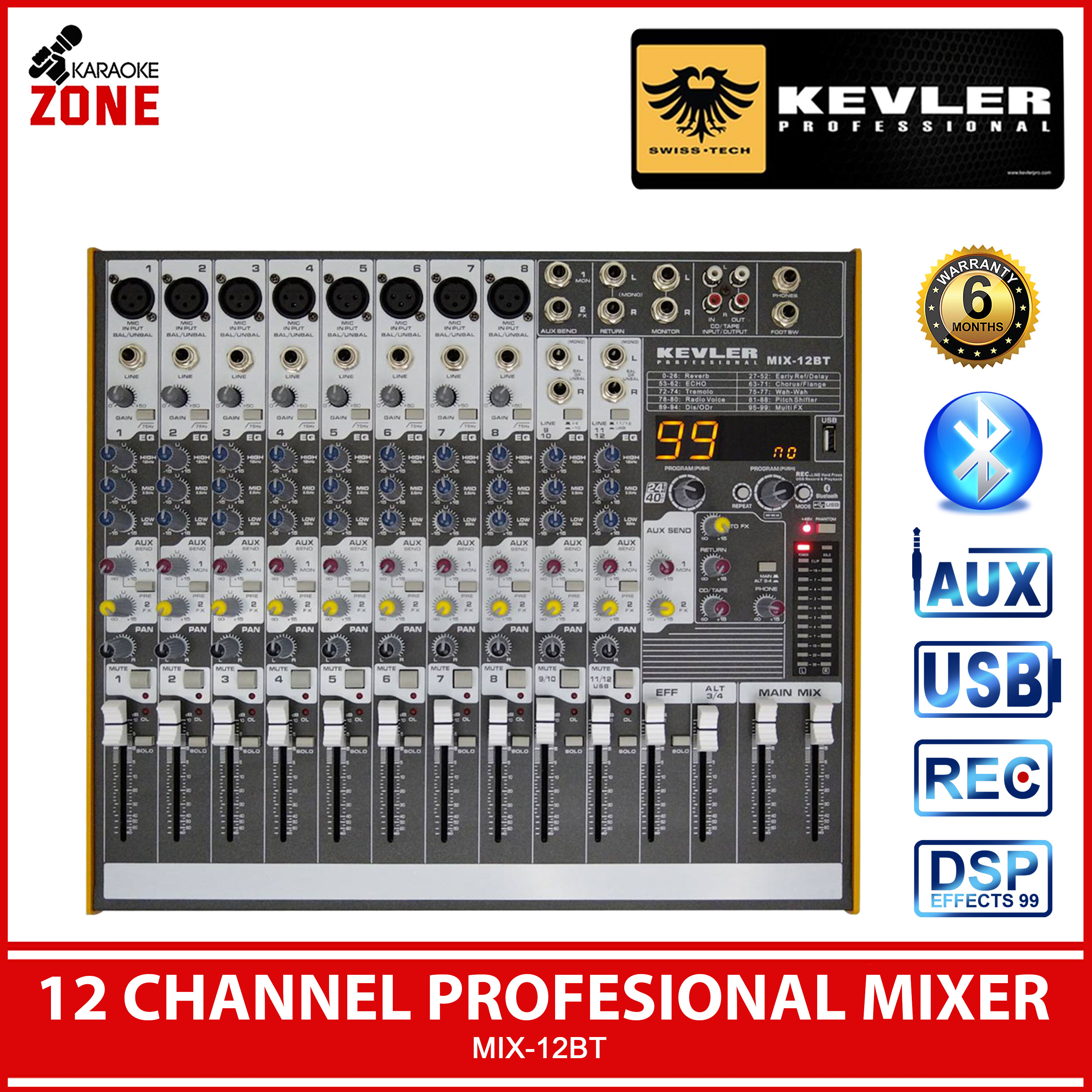 Kevler MIX 12BT / Professional Mixer with 8 Ch Input 4 Mic / 24 Bit 99