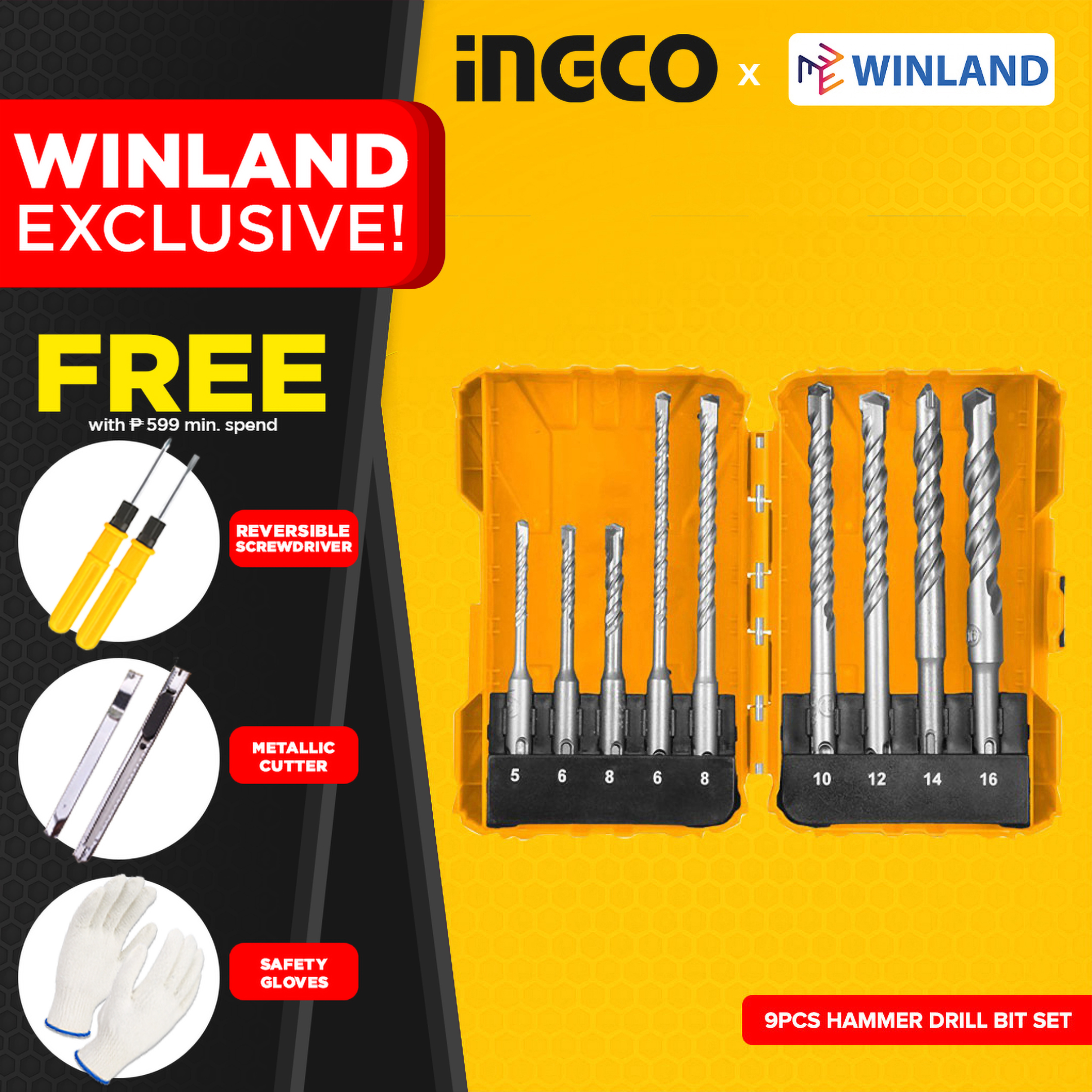 INGCO by Winland 9pcs SDS Plus Hammer Drill Bits Set for Concrete