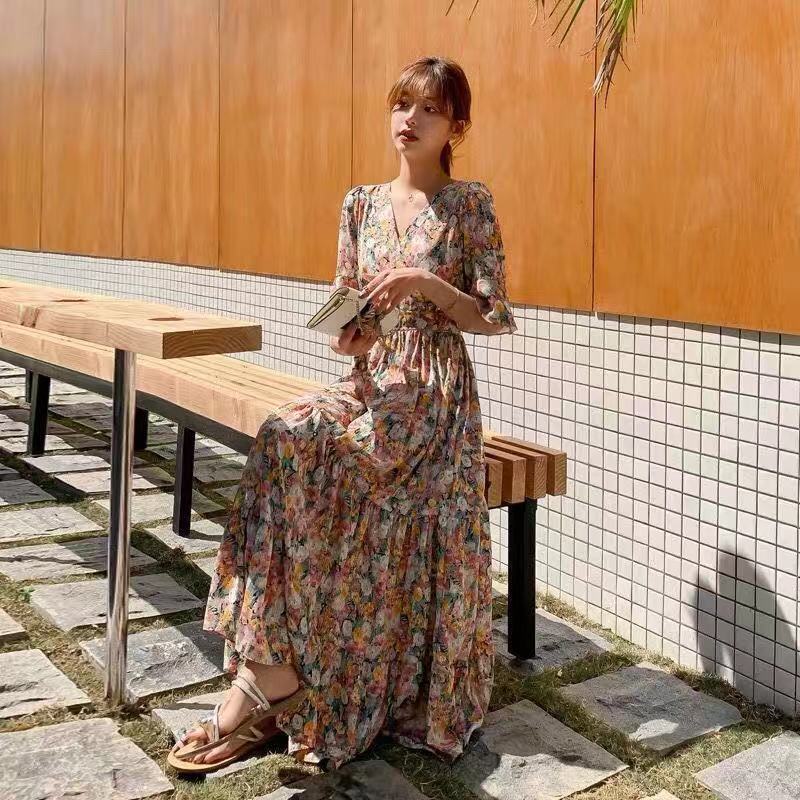 korean casual dress for women new style 2022 Dress women's summer floral chiffon over the knee