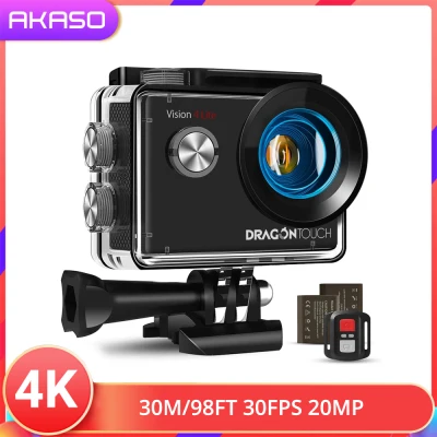 Dragon Touch Vision 4 Lite 4K/30FPS EIS Action Camera 20MP Anti-shake Support External Mic Underwater Camera Remote Control WiFi Sports Camera with 2 Batteries Underwater 100FT Waterproof Camera(With The Waterproof Case Installed) With Accessories Kit