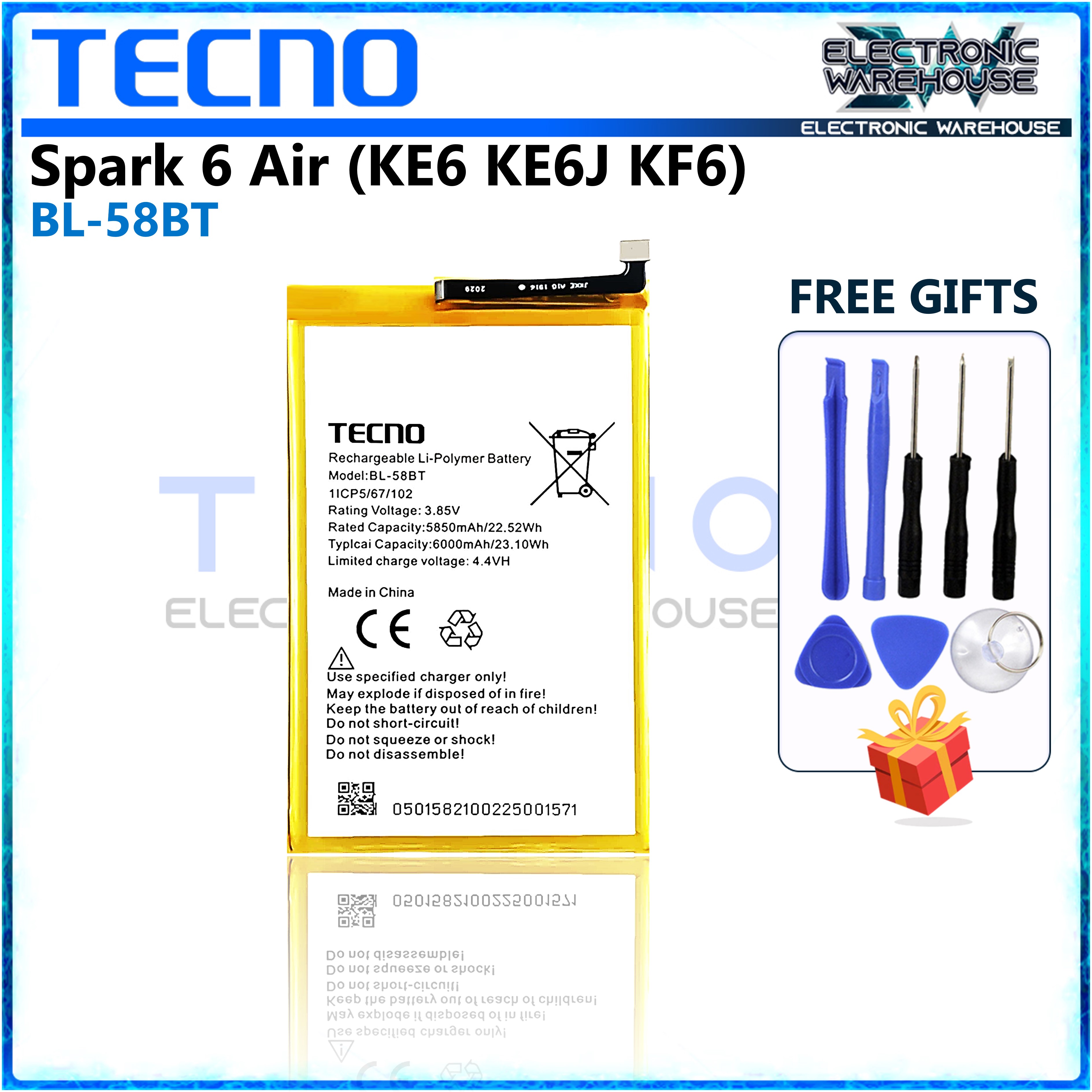 Battery for Tecno Spark Air Model BL-58BT KE6 KE6J KF6 6000mAh Capacity
