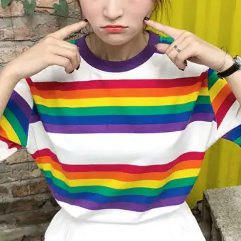 Veecome Women Summer Loose Stylish Rainbow Stripes Short Sleeve T