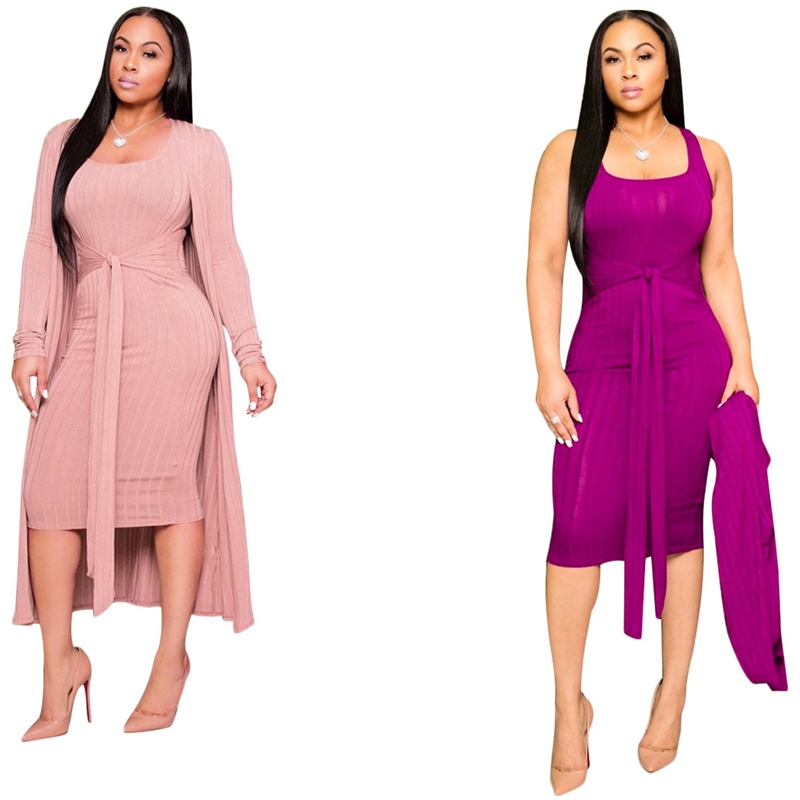 2 Set Women Solid Color Knitted Sleeveless Knee Length Dress Long Cloak Two Piece Set L Pink & Purple