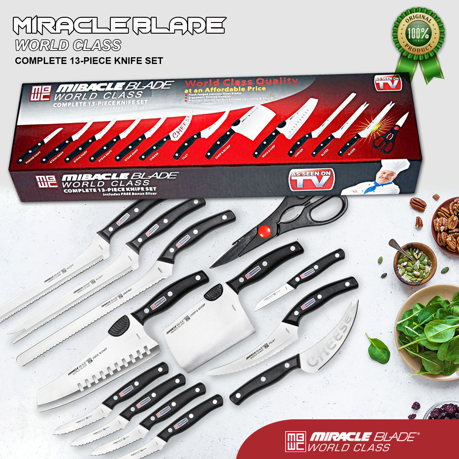 13 Piece Miracle Blade World Class Knife Set, Cheese Knife, Steak
