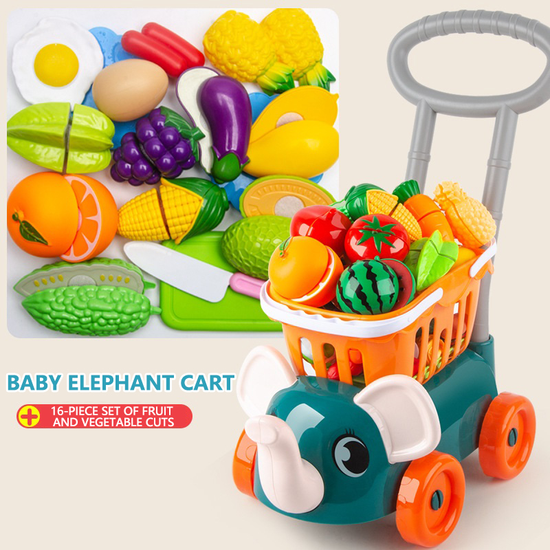 Kids Cart Trolley Toys Basket Simulation Vegetables Food Pretend Play