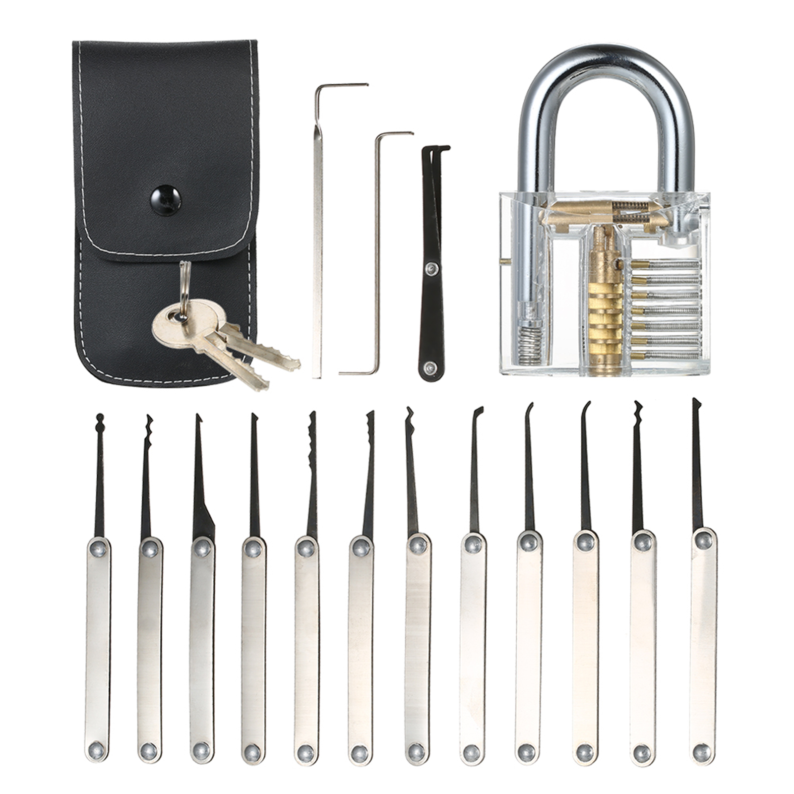 15pcs Lock Picking Set Kit Tool with Transparent Practice Training Padlock Lock for Locksmith Beginners and Professional