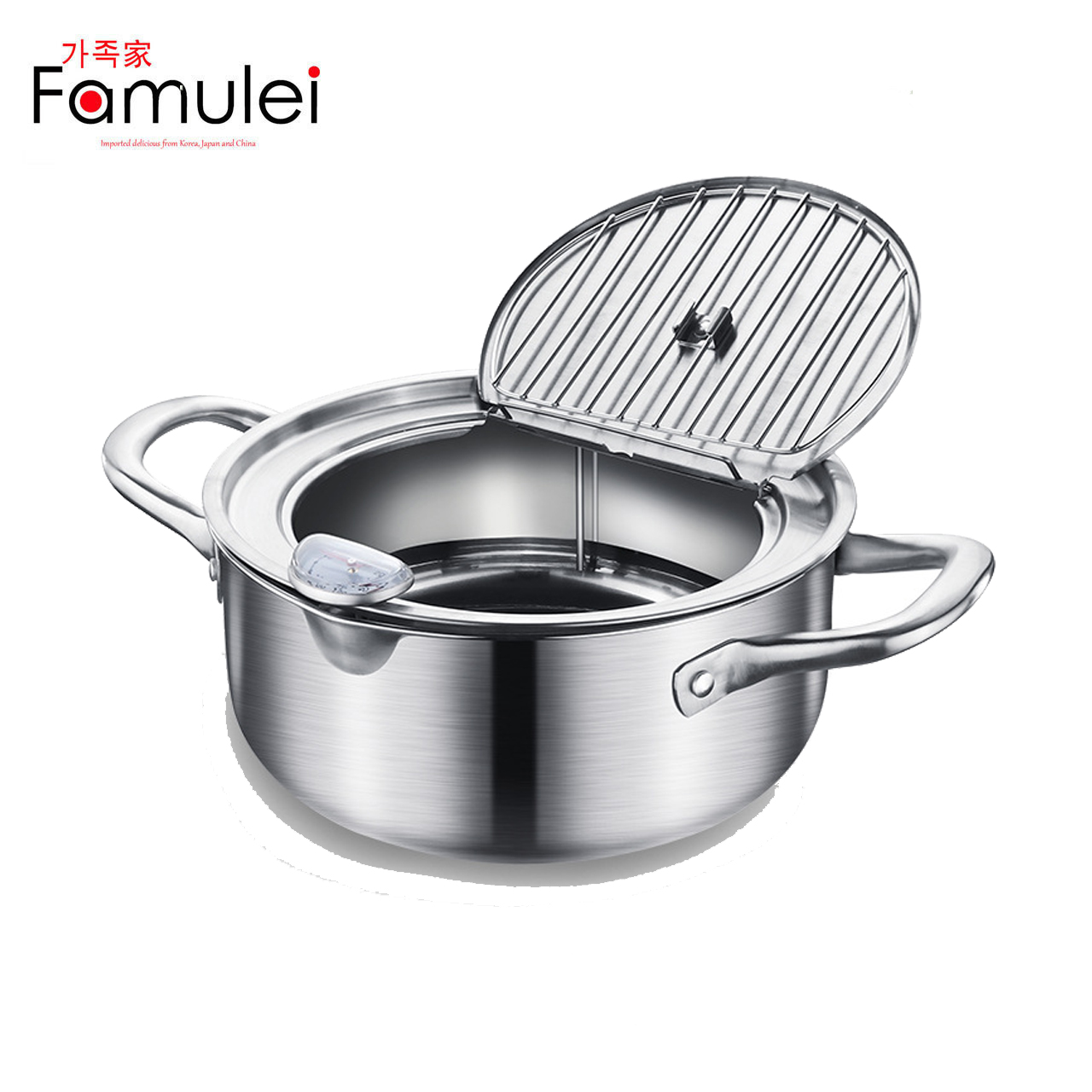 Stainless Steel Deep Frying Pot with Thermometer and Oil Drip Drainer Rack Japanese Style Tempura Deep Fryer Pot Steel color, 20CM 