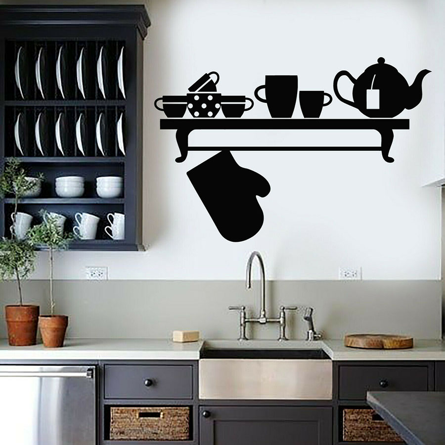 Vinyl Wall Decal Kitchen Utensils Kettle Potholder Cups Room Interior