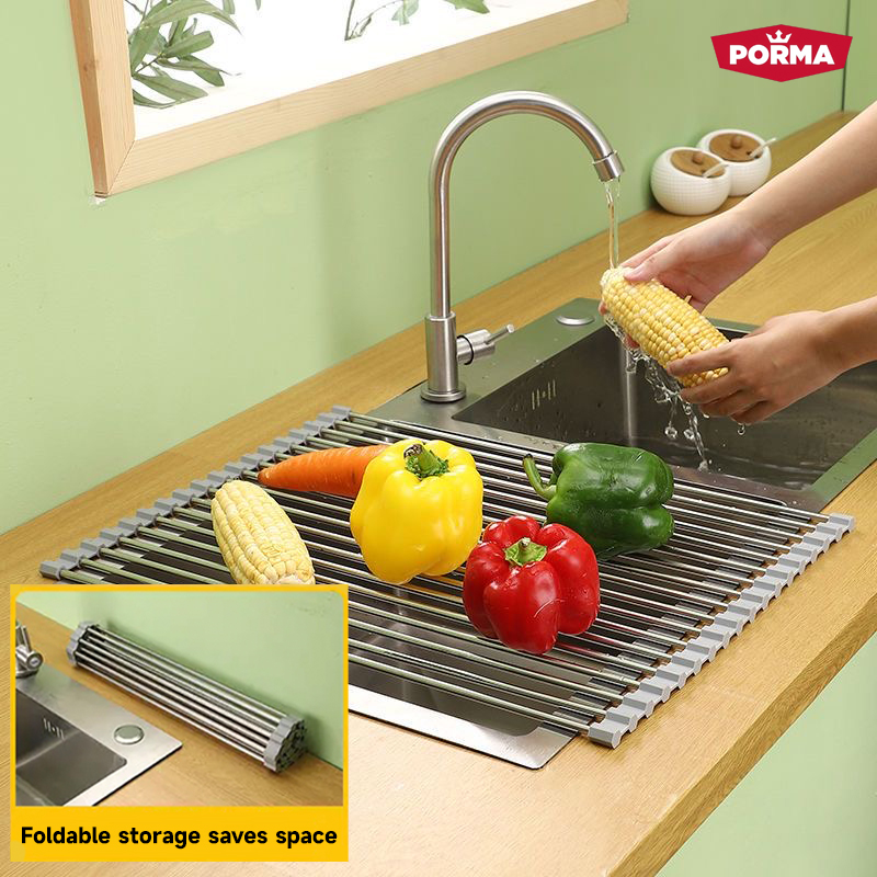 PORMA Roll-Up Sink Rack Folding Drain Rack Dish Drying Rack Multifunctional  Stainless Steel Sink Dish Storage Rack Kitchen Shelf