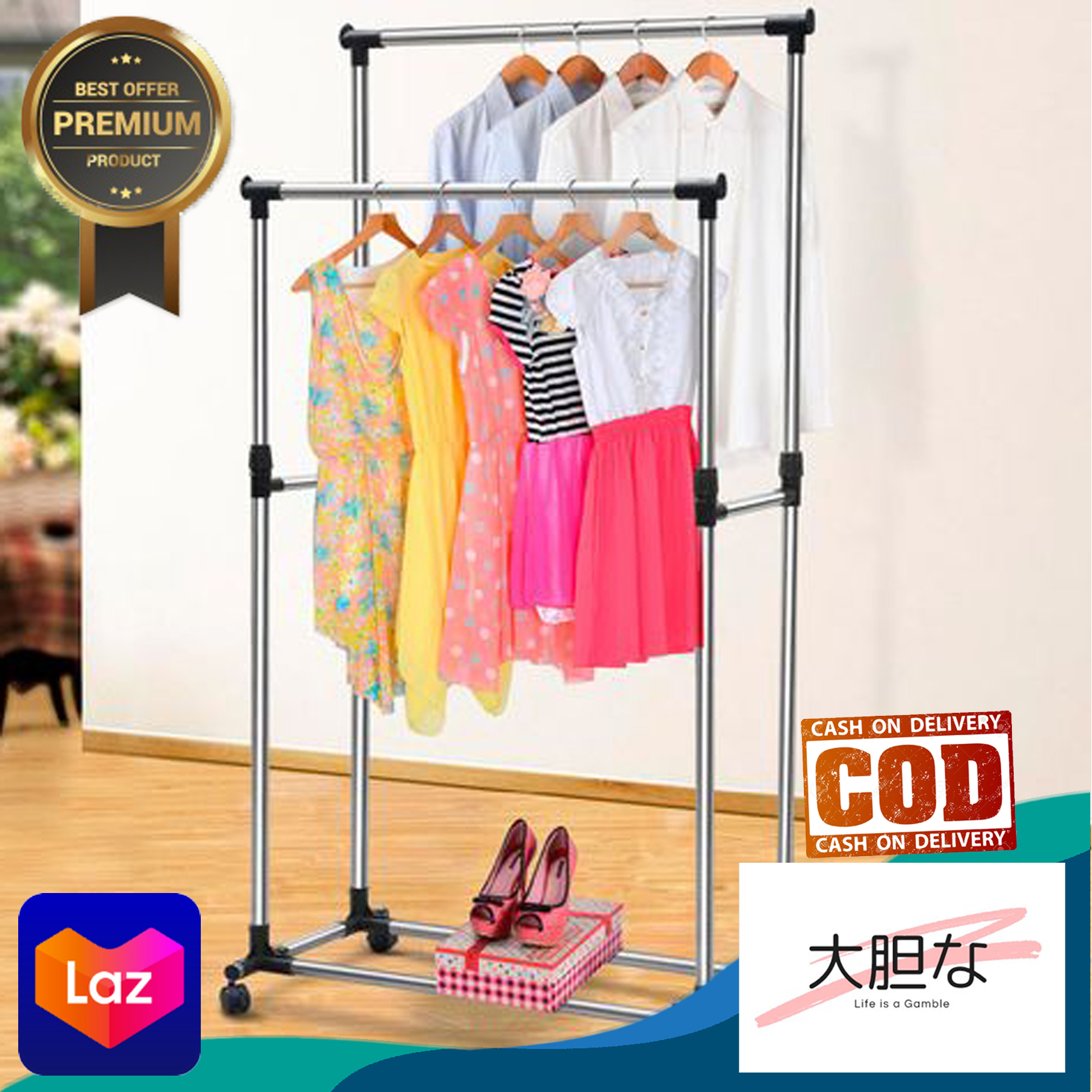 Double Rolling Rail Adjustable Portable Clothes Garment Rack Hanger