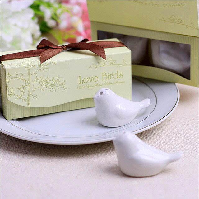 Love Birds White Salt Pepper Shakers Wedding Favors Favours Boxes Tags Bows