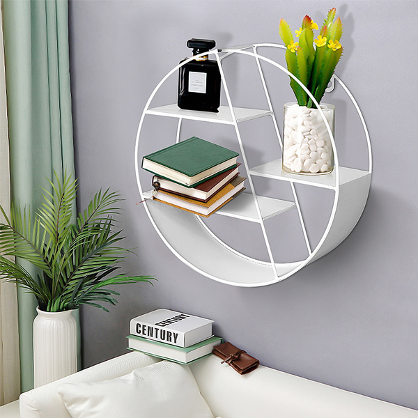 Round Iron Grid Wall Shelf Storage Frame Floating Shelves Hanging