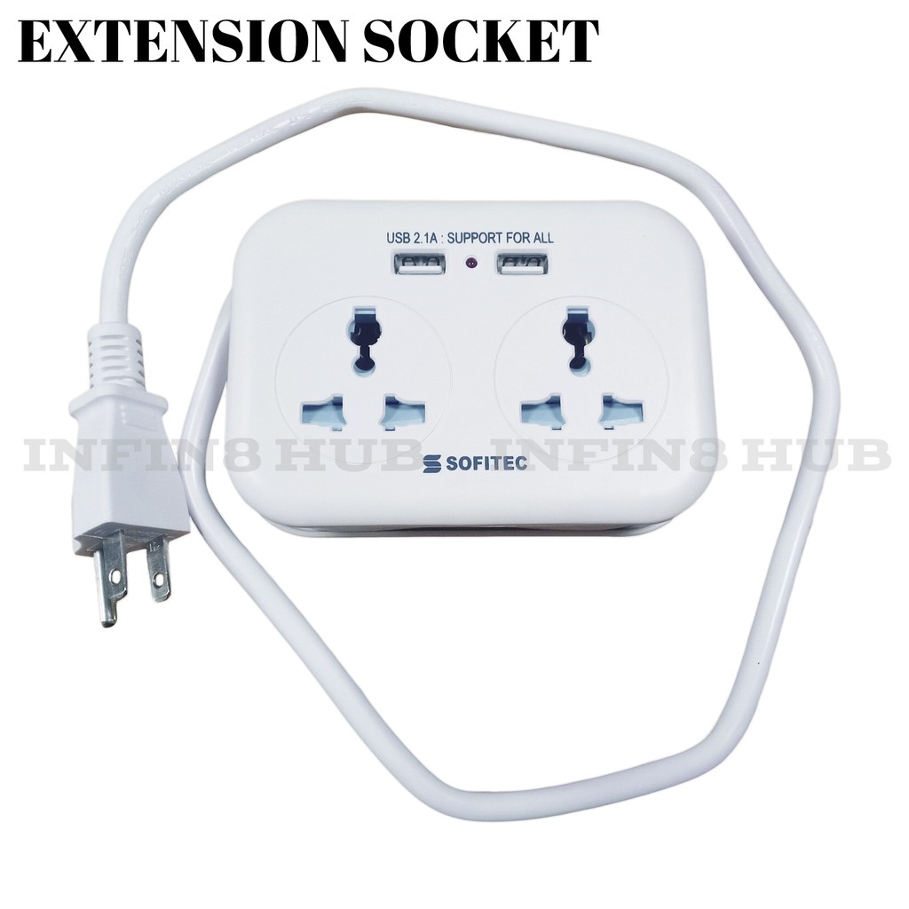 Sofitec SES9218 1 Meter Universal Power Extension Cord 2 Socket Travel