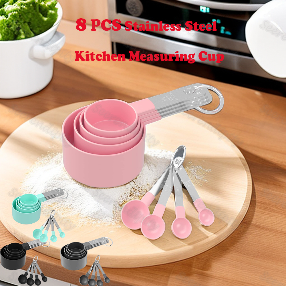 8pcs Measuring Cups and Spoons Set Stainless Steel Stackable Kitchen Tool (Pink), Purple