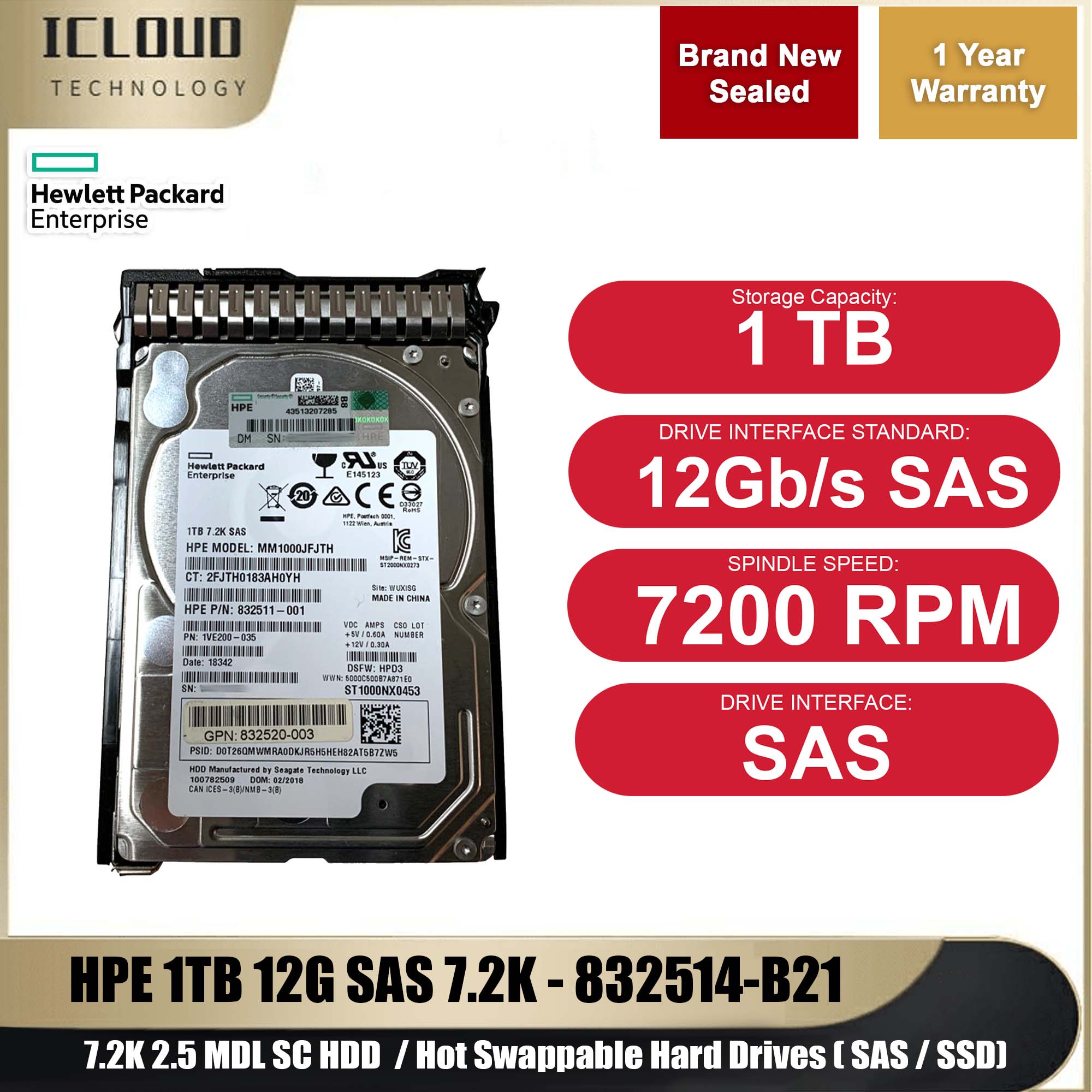 HPE 1TB 12G SAS 7.2K 2.5 MDL SC HDD - 832514-B21 | 1TB Hard Drive