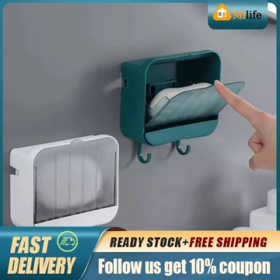 Bathroom Soap Box Storage Organizer Hanging Punch-free Sticky Wall-Mounted Drain Rack Soap Box Punch-free Soap Storage Rack Self Draining Soap Holder With Towel Hook Wall-mounted Draining Dish Kitchen Bathroom Accessories