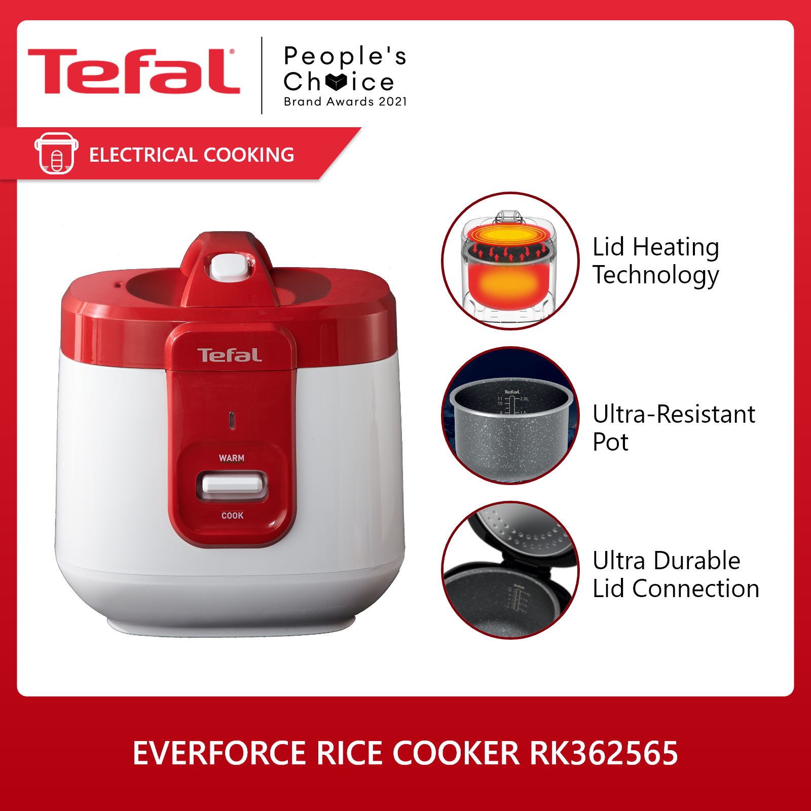 Tefal Everforce Mechanical Rice Cooker RK362565 2L Capacity WhiteRed