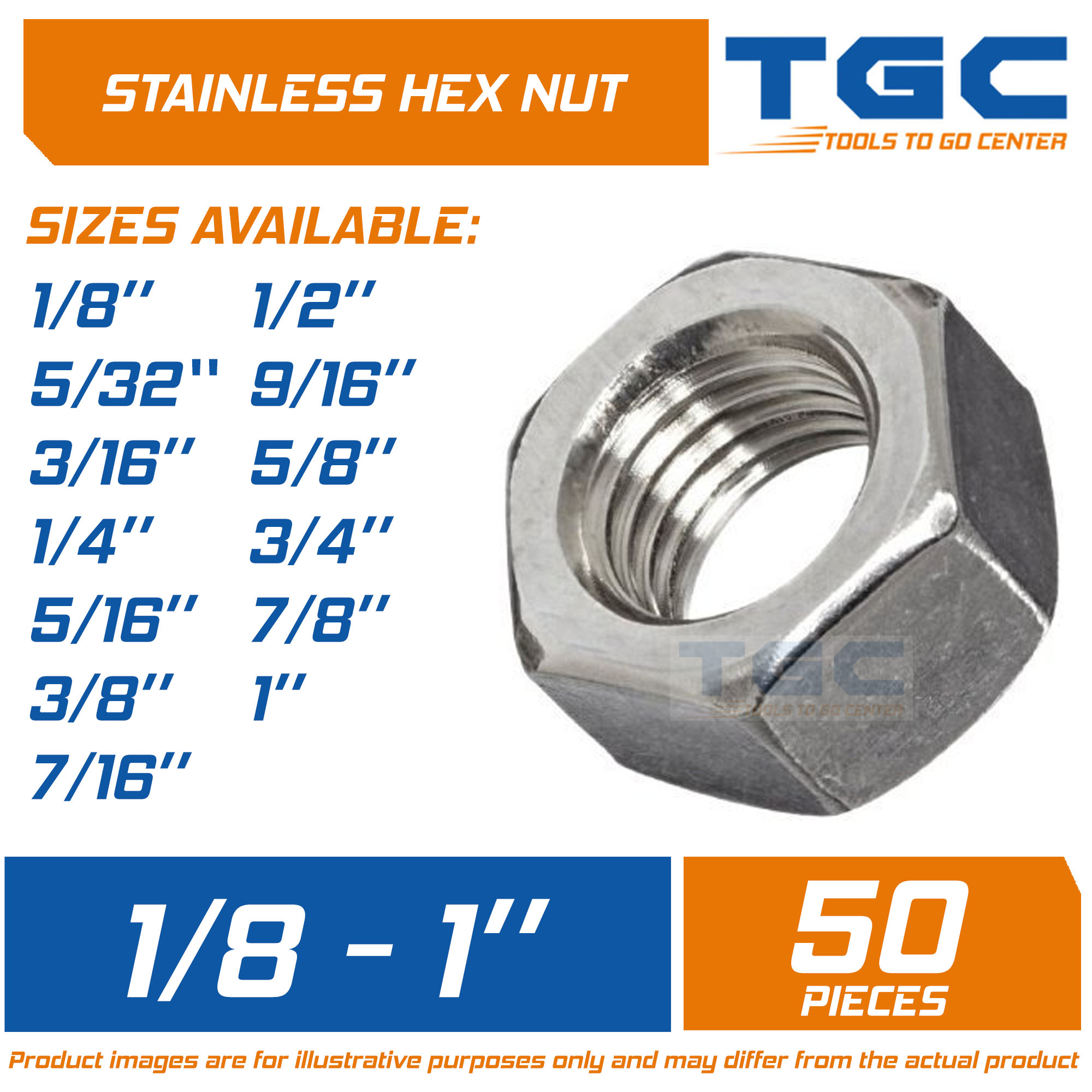50PCS SS Hex Nut 1/8 up to 1 inch Stainless Hexagonal Nut TGC tuerca 1/