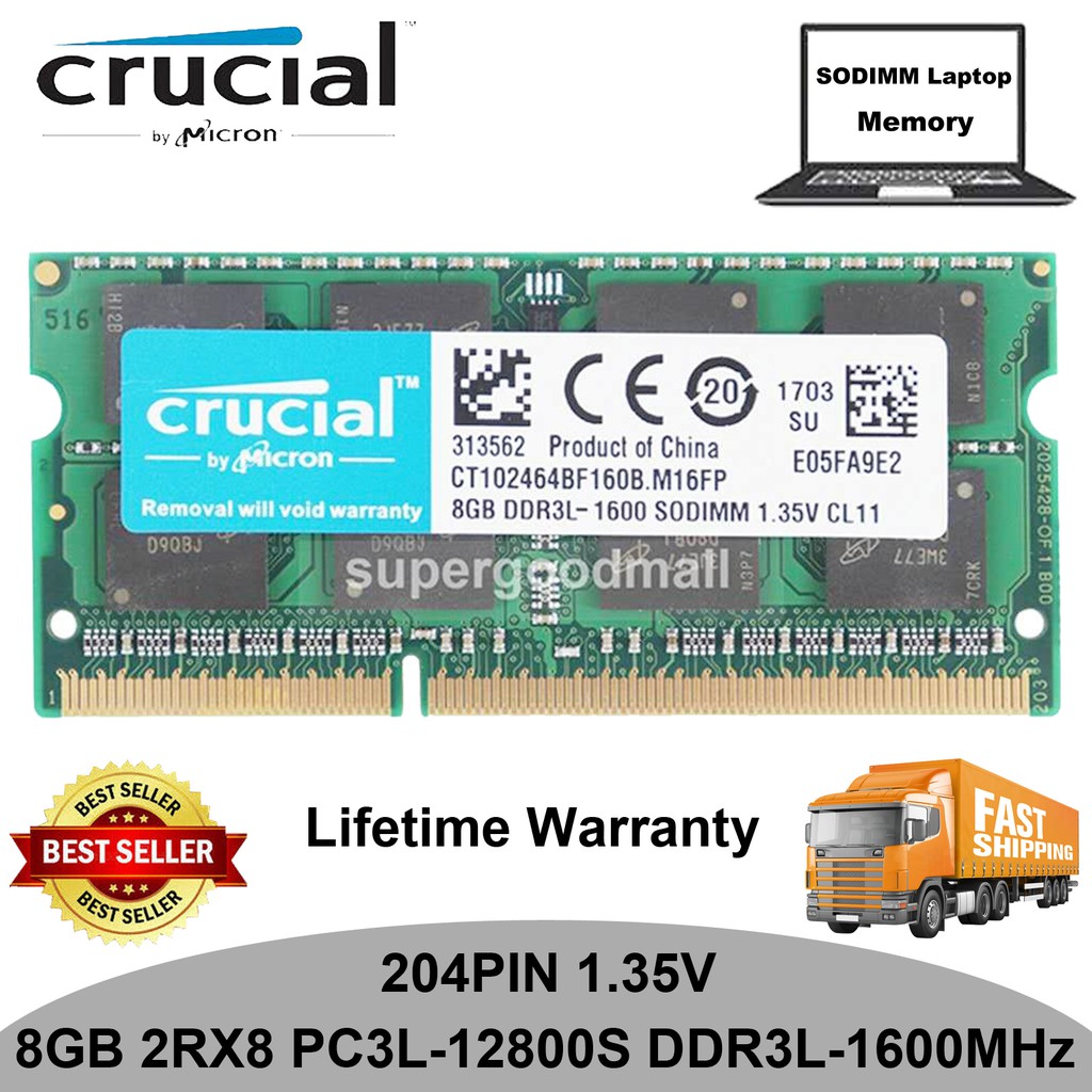 8GB RAM For Crucial 8G 2Rx8 DDR3L-1600Mhz PC3L-12800S SODIMM Laptop Memory 1.35V 