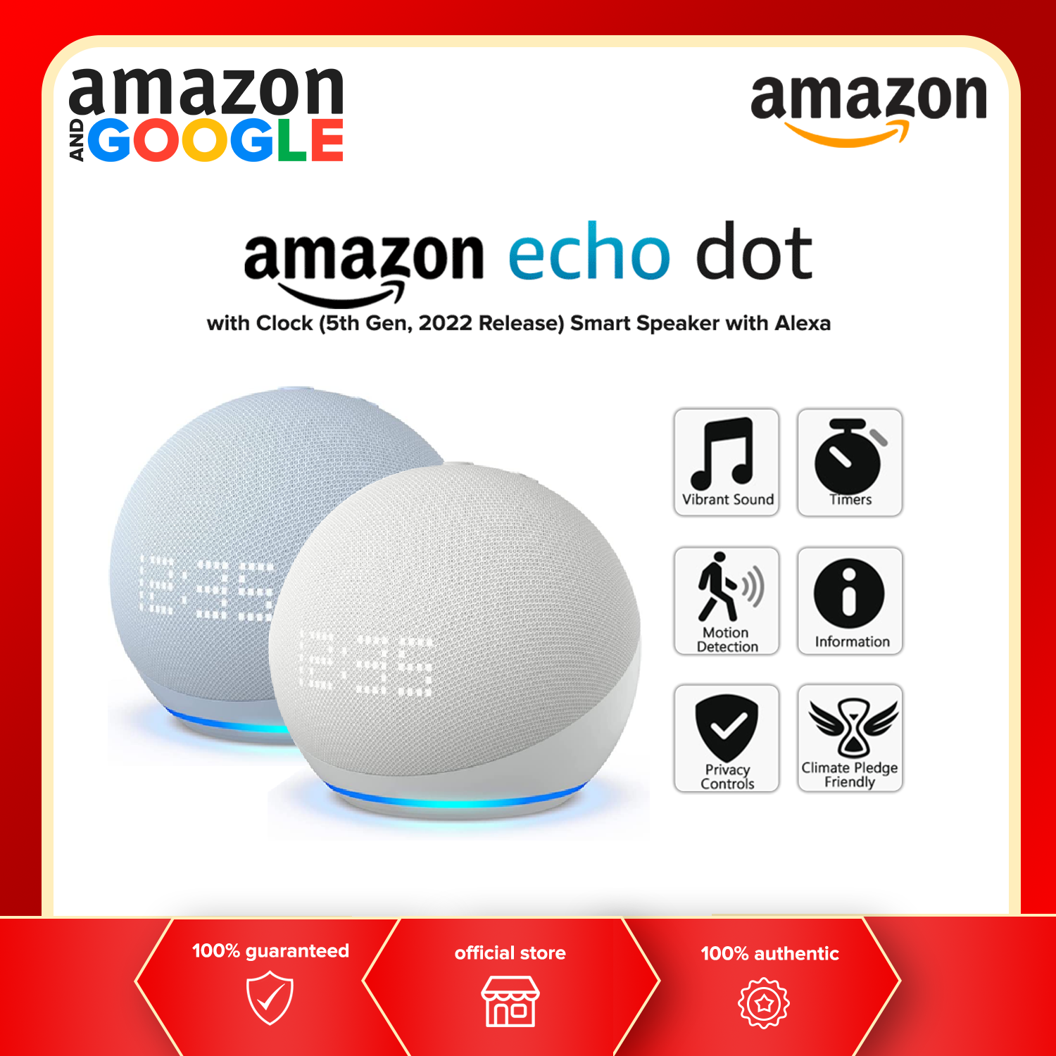 Echo Dot with Clock (5th Gen, 2022 Release) Smart Speaker with Alexa