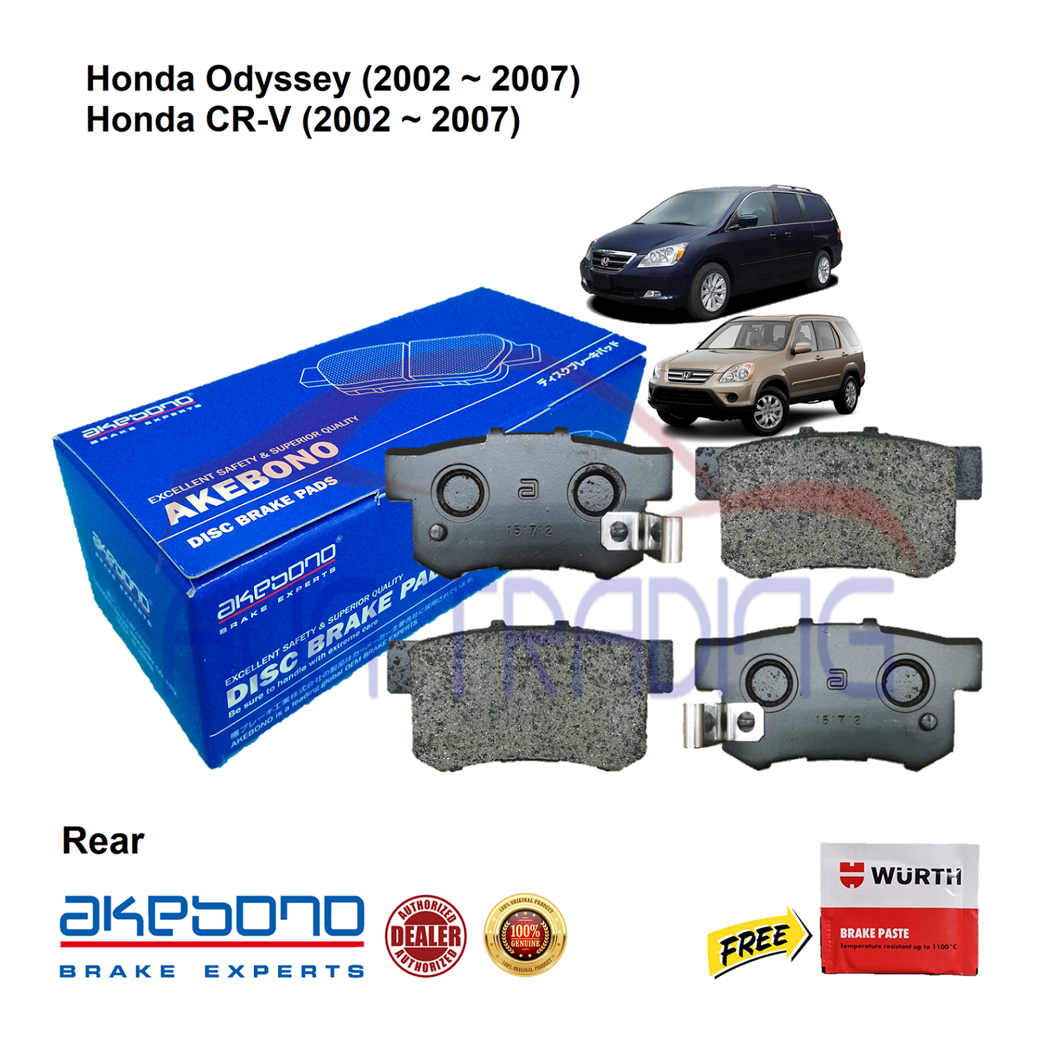 Genuine Akebono Rear Brake Pads for Honda CRV (2002 2007), Honda