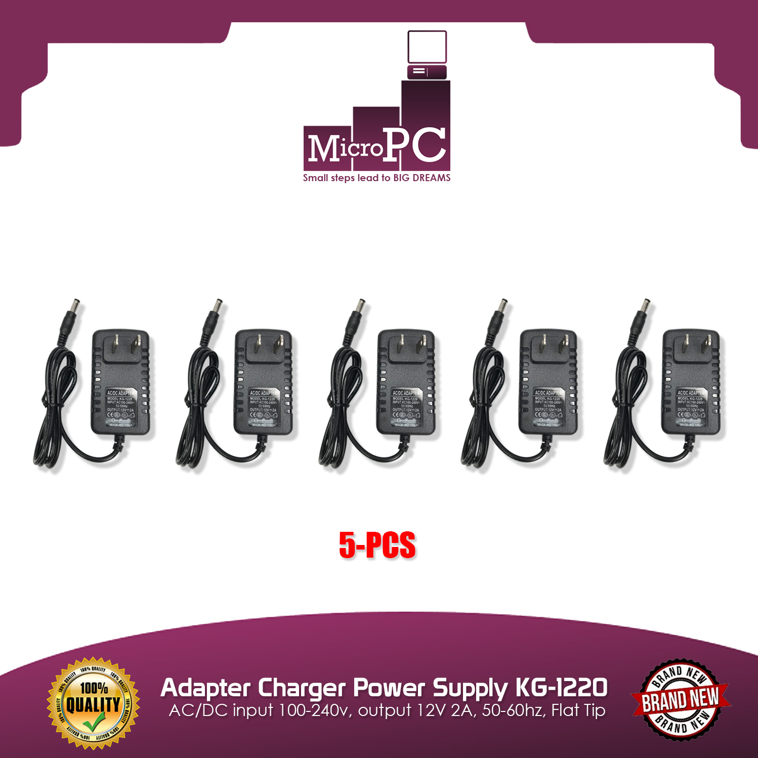 Adapter Charger Power Supply KG-1220, AC/DC input 100-240v, output 12V 2A,  50-60hz, Flat Tip