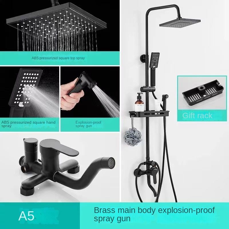 Matte Black Shower Set with Faucet Copper Wall Mounted Lifting Rod