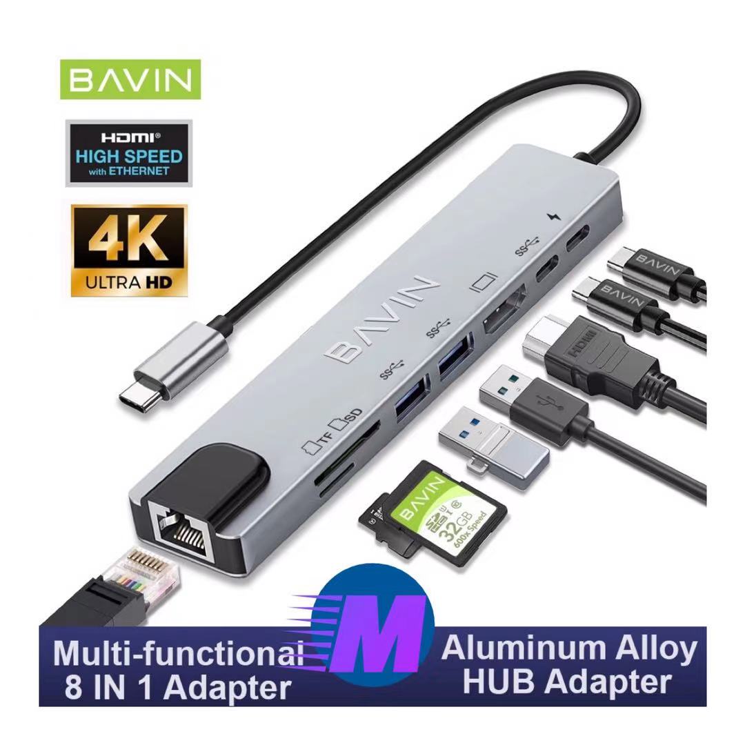 BAVIN Hub Adapter, 8in1 USB C Adapter with Rj45 Port, 4K USB C to HDMI, 3 USB 3.0