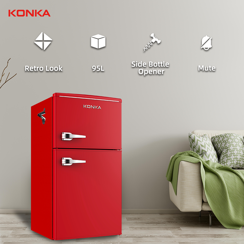 KONKA 3.2 cu ft, 95L Double Door Mini Fridge with Freezer for Bedroom
