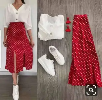 white polka dot maxi skirt